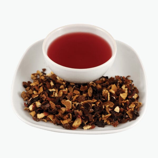 Superb blend of hibiscus, apple (min. 36%), rose hips, orange peel, cinnamon (min. 6%), and natural aroma.