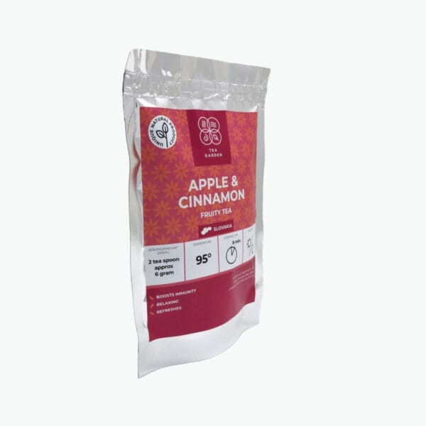 Superb blend of hibiscus, apple (min. 36%), rose hips, orange peel, cinnamon (min. 6%), and natural aroma.
