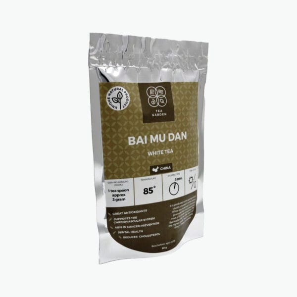 Bai Mu Dan tea is usually grown in the Fujian Province of China. White tea in general is the least processed tea of all, preserving most of its innate properties. The Bai Mu dan is known for its high proportion of anti-oxidants polyphenols and for its cooling effects.