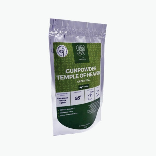 Green tea from the Guangdong province of China. The name of this tea is said to derive from its visual similarity to military gun¬powder. Gunpowder is the favorite green tea of Morocco and the Middle East, where it is commonly prepared with mint and sugar. See our Touareg tea.