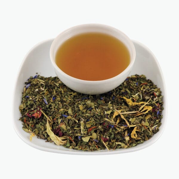 A delicious and refreshing way to boost your overall health in a number of ways. A Green maté, Nana mint, rose petals and buds, cornflower, sunflower.