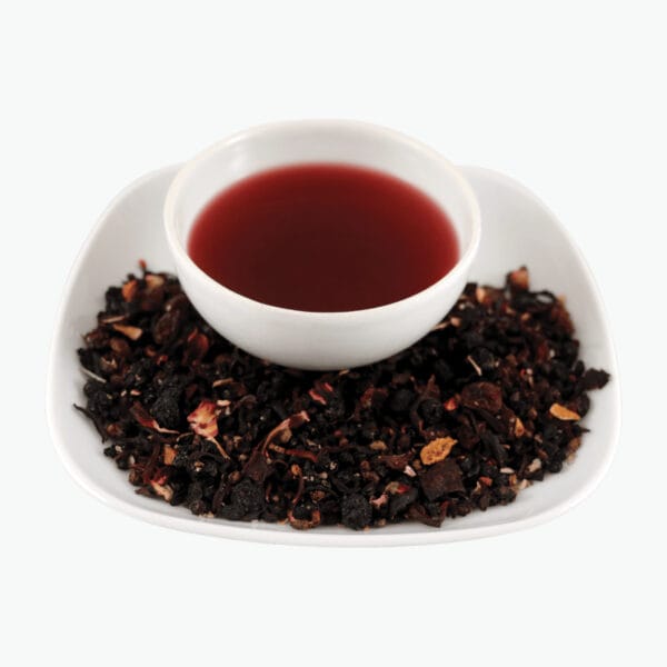 hibiscus, elderberry, raisins, apple, fruit and blackberry leaf, black rowan, beetroot, strawberry, red currant, natural aroma