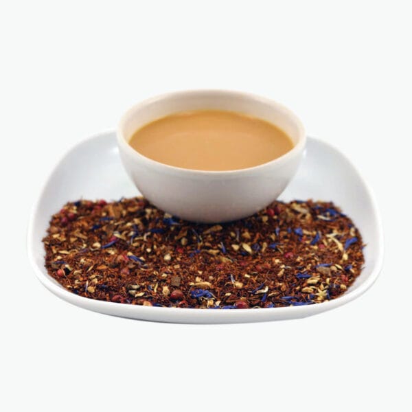 Perfect mix of rooibos, cinnamon, ginger, cardamom, red and black pepper, Vacil, cornflower blossoms. In Tea Garden we serve it with hot milk as you can see on the picture.