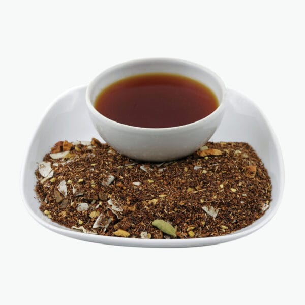 Perfect mix of rooibos, coconut flakes, ginger, cinnamon, apples, cardamom, black pepper, almonds, natural fragrance