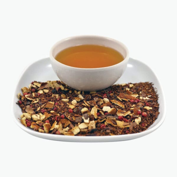 Perfect blend of chocolate and orange flavor in combination with Rooibos Massai tea. Rooibos Massai 58.5%, orange peel, cocoa peel, red pepper, natural aroma.