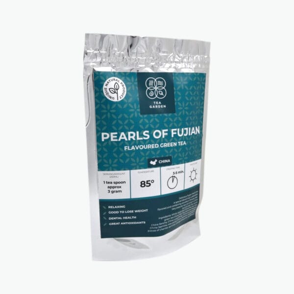 Delicious Fujian Pearls tea. A special blend that is delicately flavored and combining excellent Chinese teas. Very popular tea not only in China but all over the world. Ingredients: White loose tea China Pai Mu Tan, green tea China Fog Tea, jasmine flowers, China Sencha, China Lung Ching, China Gunpowder, China Jasmine, rose petals, China Jasmine Jade Pearl, pieces of cherries, apricots, orange blossoms, sunflower.