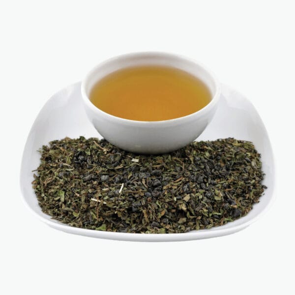 A perfect mix of Morrocan mint and Gunpowder green tea from China. Recommended with sugar.